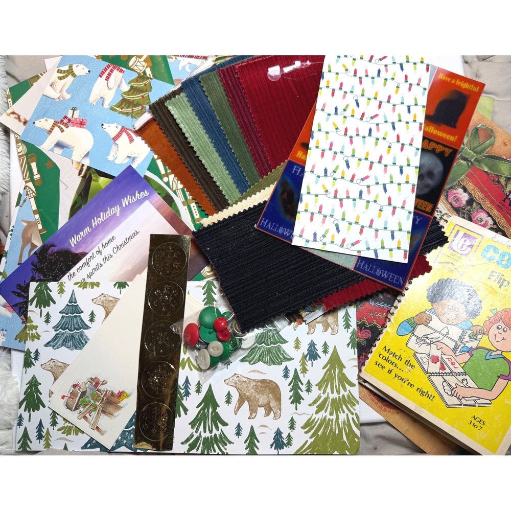 Vintage Ephemera Junk Journal Kit Craft Supplies Fabric Buttons Flip Book Lot